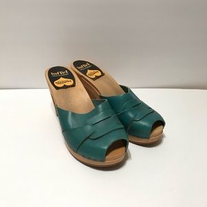 Swedish Hasbeens Turquoise Blue Leather Mules